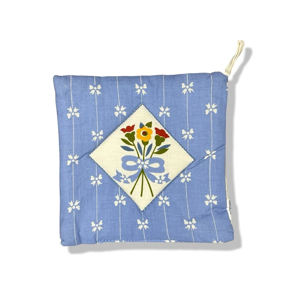 Vintage Quilt Blue Gingham Pot Holder Floral Bouquet Applique‎ Kitchen Accessory